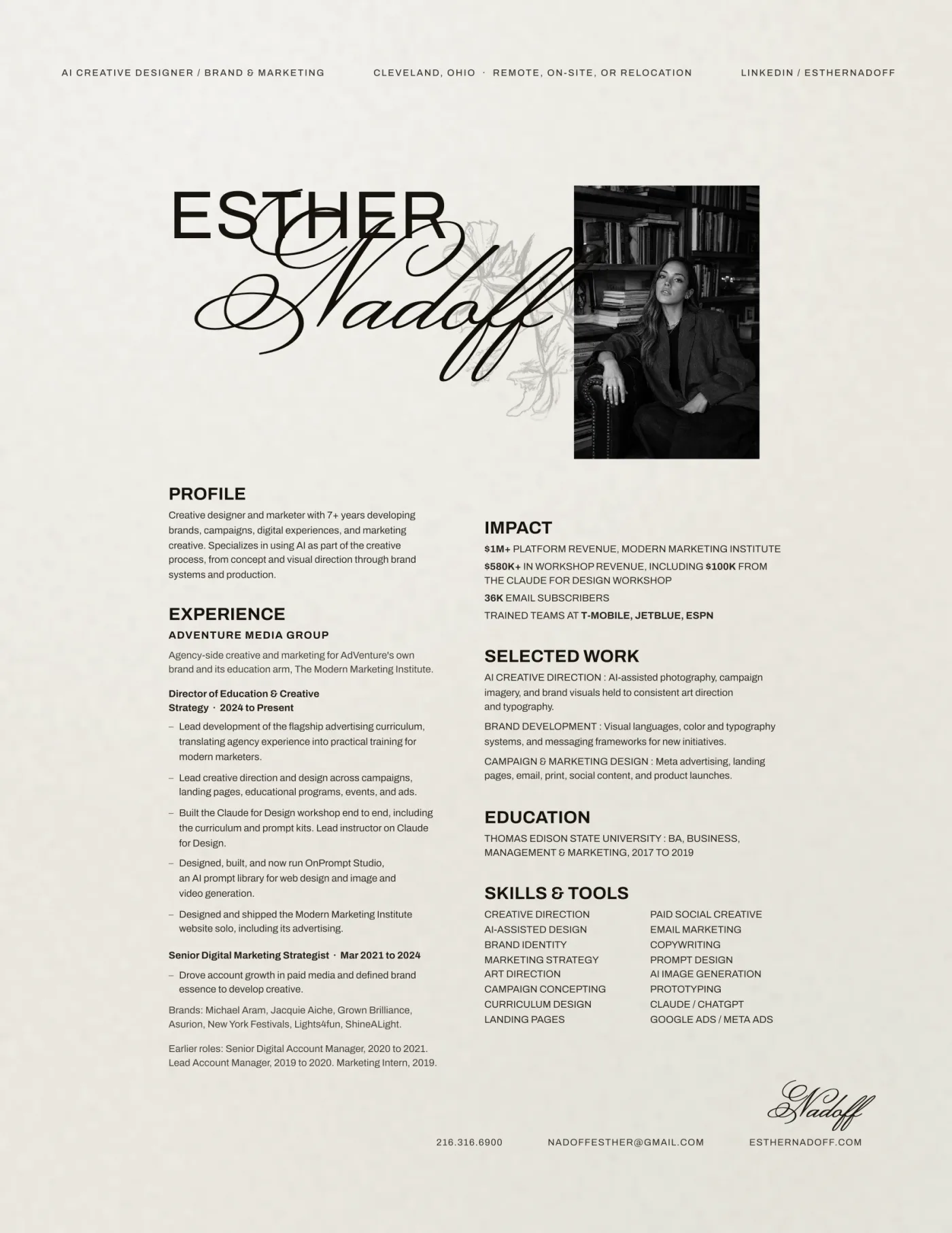 Resume — Esther Nadoff, AI creative designer, brand and marketing. Profile, experience at AdVenture Media Group, impact, selected work, education, skills and tools.