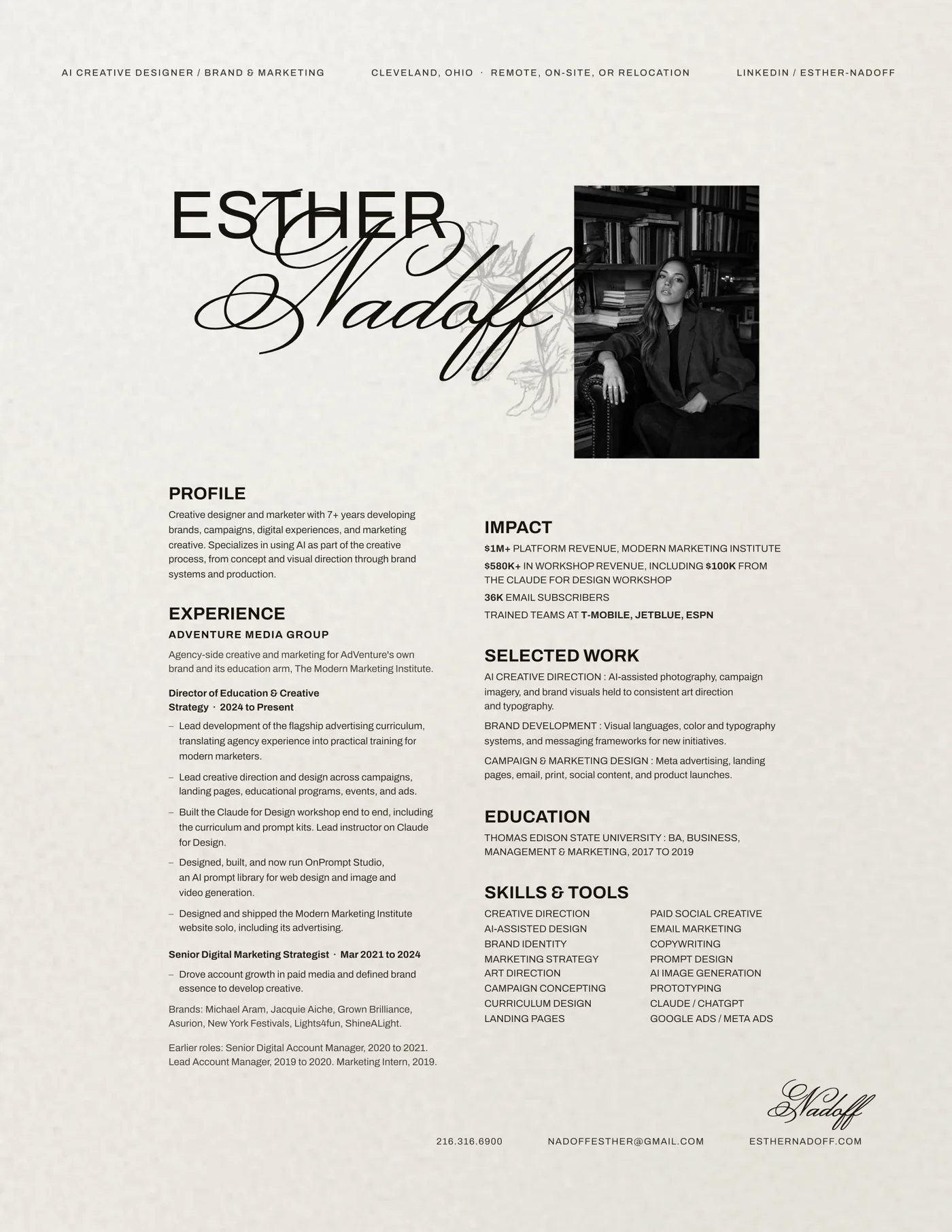 Resume — Esther Nadoff, AI creative designer, brand and marketing. Profile, experience at AdVenture Media Group, impact, selected work, education, skills and tools.